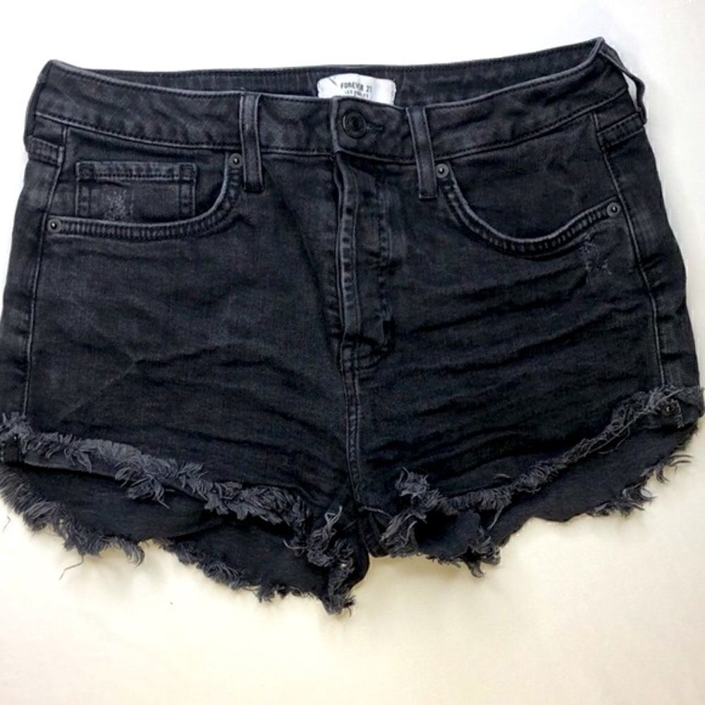 Forever 21 Black Distressed High-Waisted Button Fly Raw Hem Shorts, Size (28)